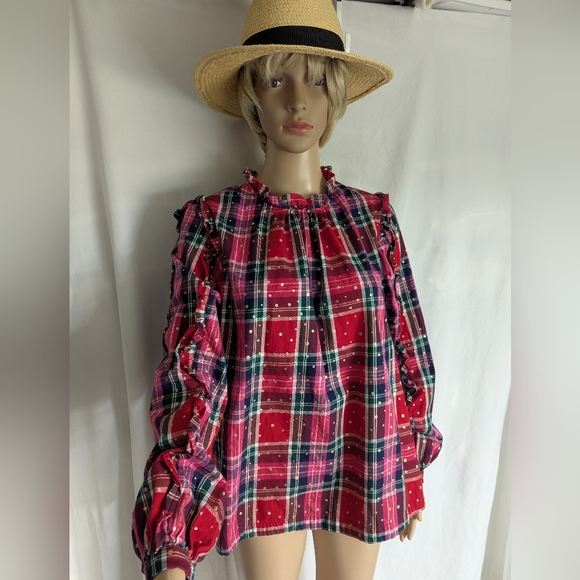 Crown & Ivy red pink gold foil polka dots ruffled long balloon sleeve top sz L - Picture 2 of 10